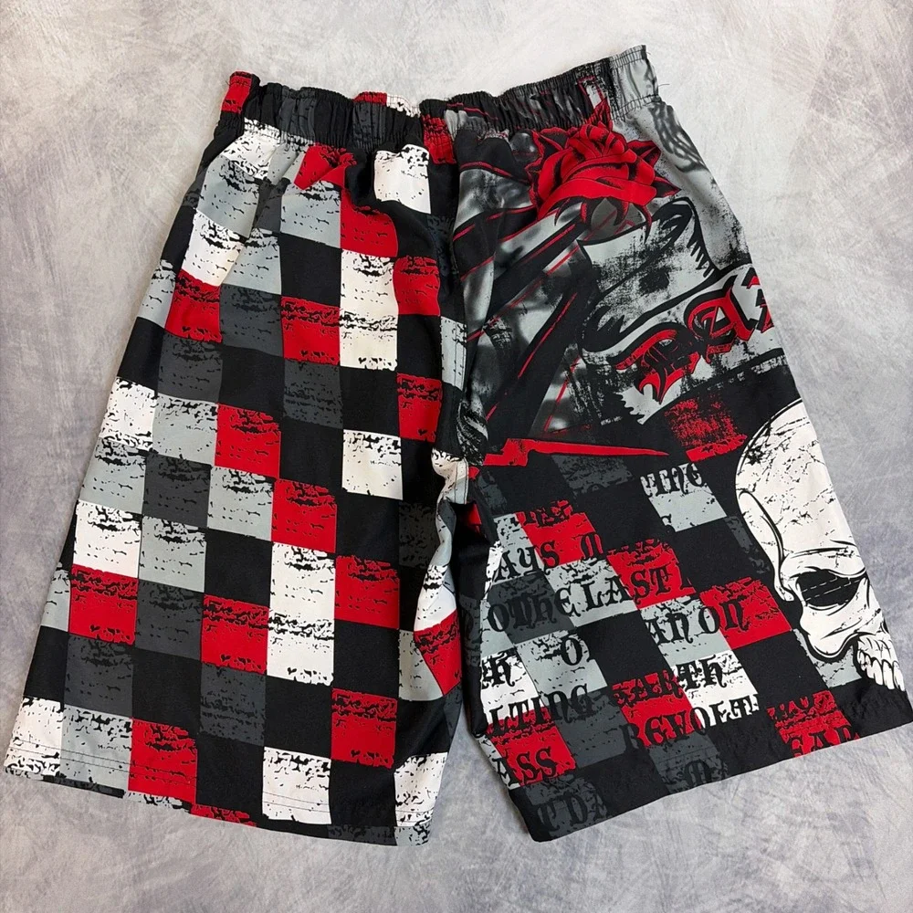 Y2K Fast Track Sportswear Board Shorts Mens Medium Red Black Skull Checkered